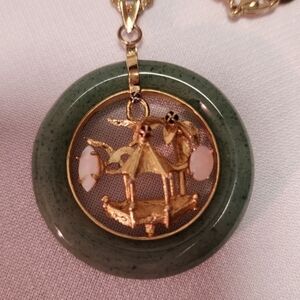 Vintage Jade Green Circle Opal Moonstones Gold Village Hut Pendant Necklace